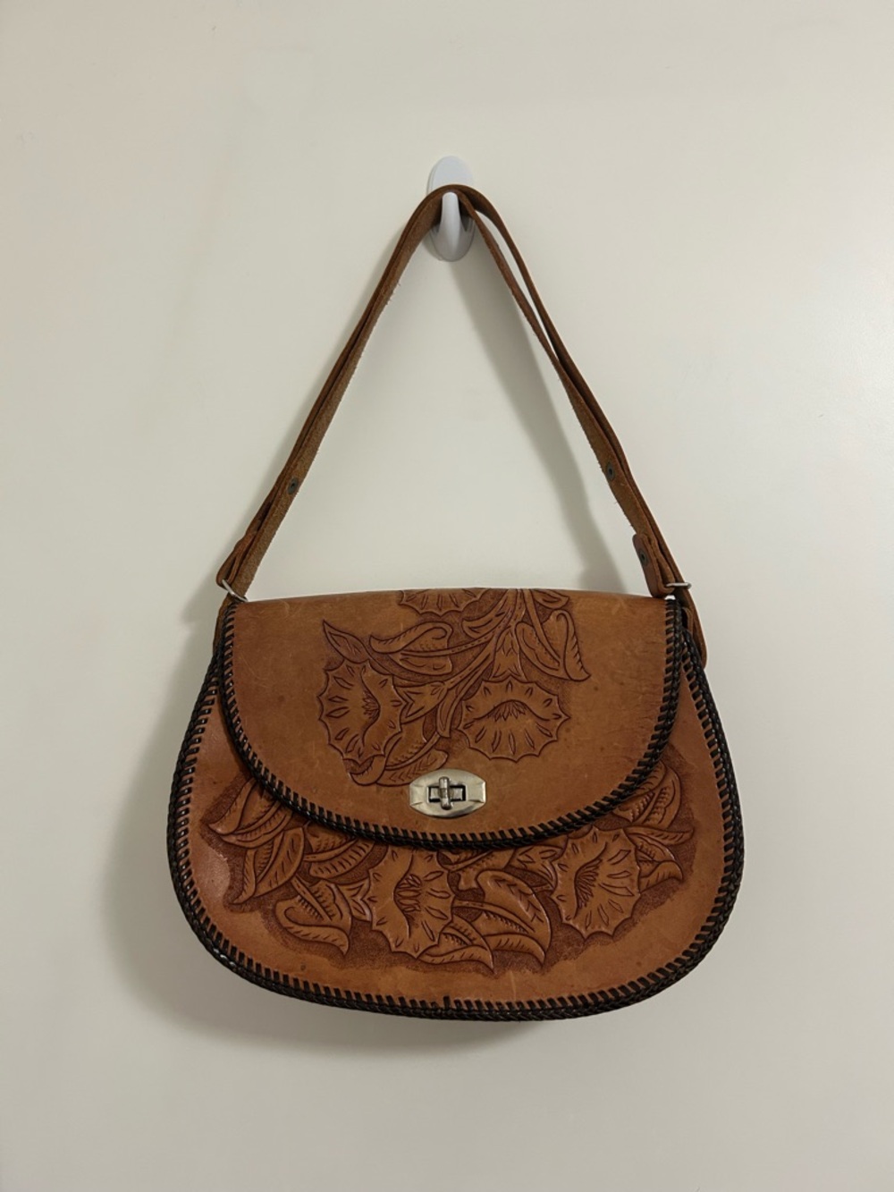 Vintage Tooled Leather Floral Saddle Bag Boho Western Brown 70’s